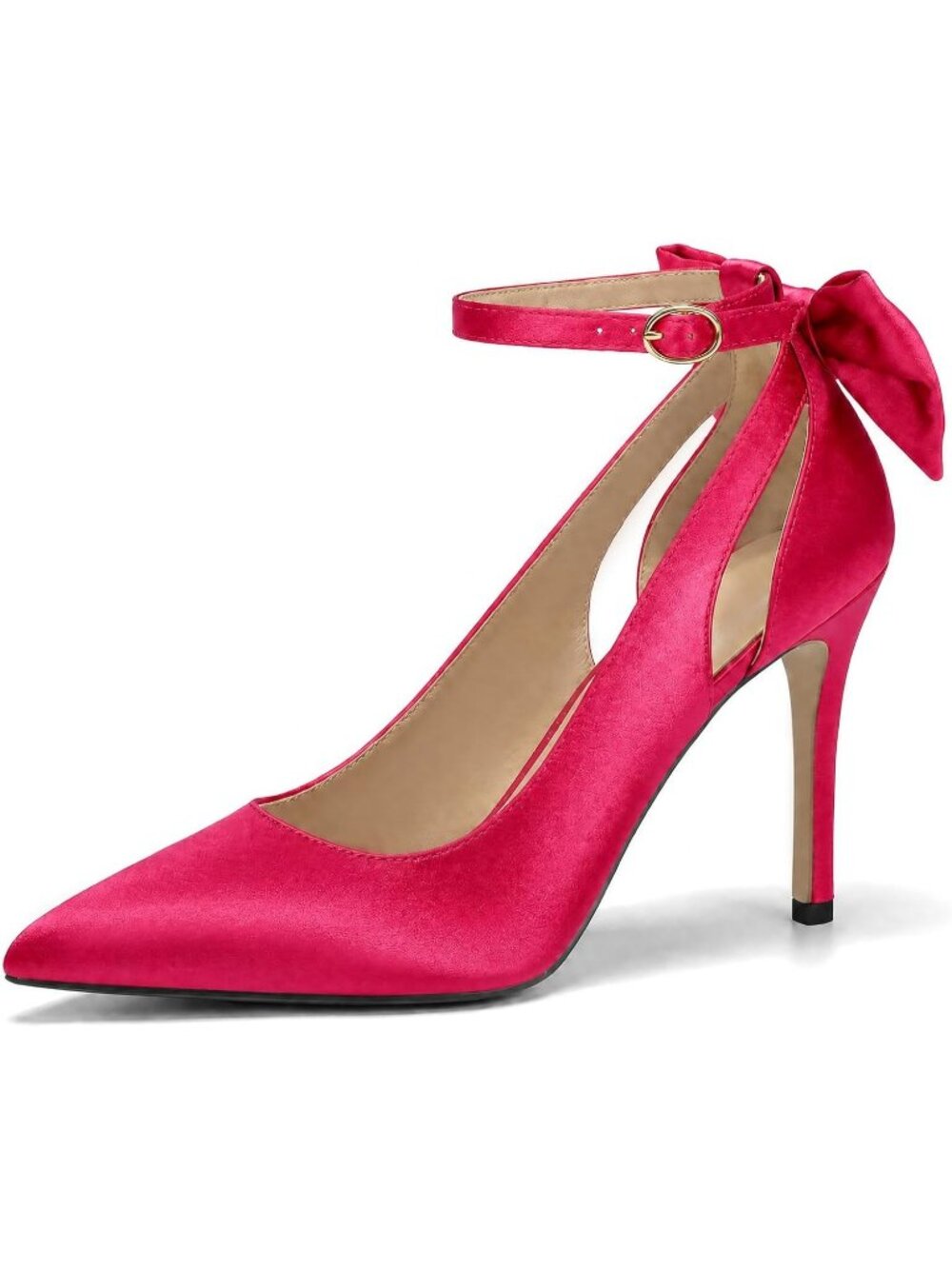 Women's Satin Rose Red Pointed Toe High Heels Ankle Strap Bow Tie Dress Shoes
